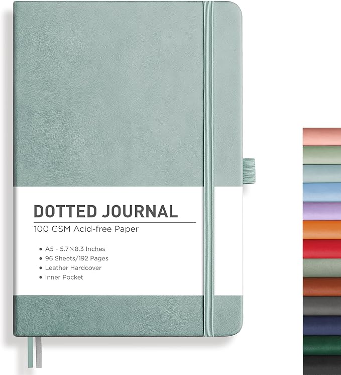RETTACY Dotted Journal Notebook, 192 Pages, A5 Medium Size (5.7'' x 8.3''), Leather Hardcover, 100 GSM Thick Paper, for Bullet Journaling, Planning, Tracking (Blue-gray)