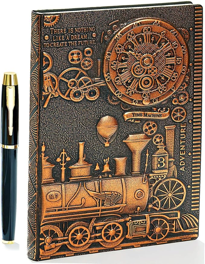 Vintage 3D Embossed Leather Writing Journal with Diamond Pen Set,A5,200Pages,Antique Handmade Daily Notepad Sketchbook,Travel Diary&Notebook to Write in,for Women Men (Train-(RedBronze))