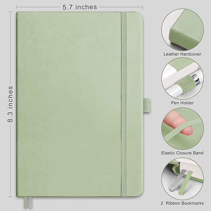 RETTACY Dotted Journal Notebook, 192 Pages, A5 Medium Size (5.7'' x 8.3''), Leather Hardcover, 100 GSM Thick Paper, for Bullet Journaling, Planning, Tracking (Light Green)