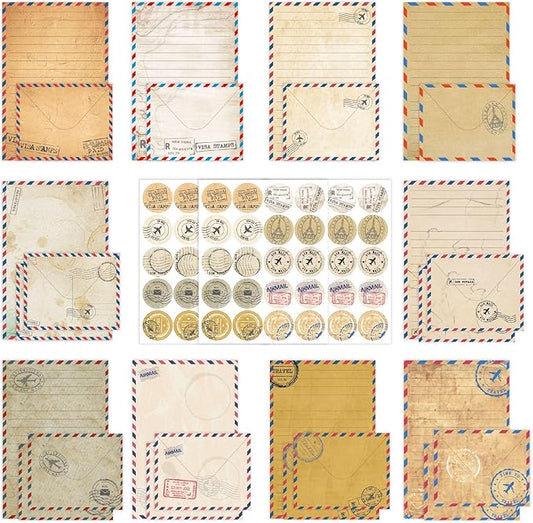 160 Packs Stationery Paper Set (50 Single-Sided Stationery Writing Papers 50 Matching Envelopes) 60 Round Dot Sticker, 10 Design Vintage Airmail Stationary Kit Letter Paper,5.5 x 8.25 Inch.