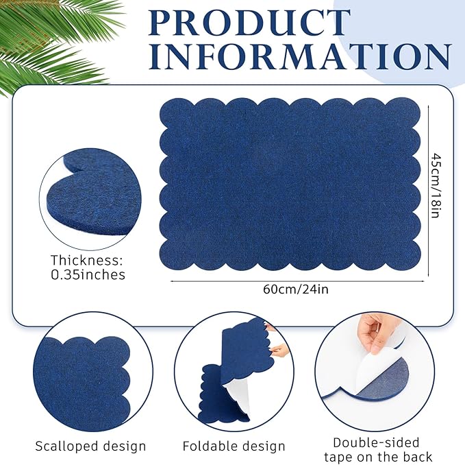 Scalloped Felt Bulletin Board 24 x 18 Inches Foldable Dark Blue Pin Cork Board Alternative for Wall, 2' x 1.5' Trifold Picture Vision Self Adhesive Bulletin Decorative