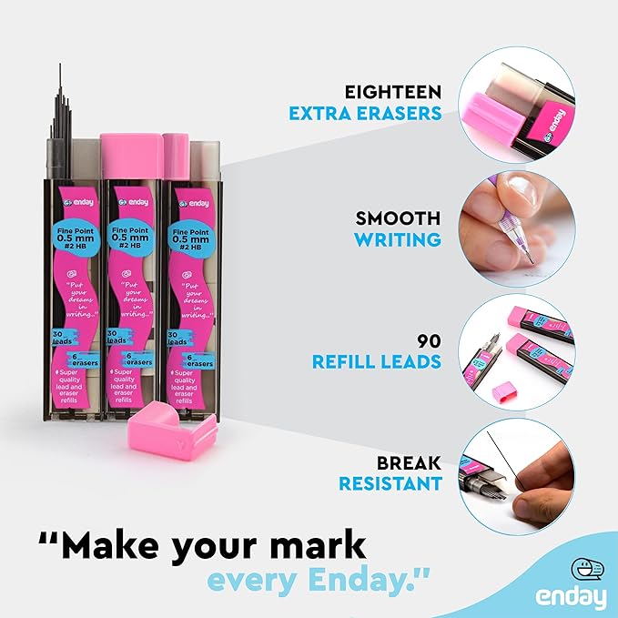 Enday Mechanical Pencil Refills, Black HB #2 Lead, White Eraser, Pack of 3 (30 Leads & 6 Erasers)