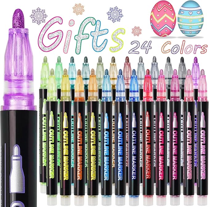 Glitter Markers Outline Pens Metallic, 24 Self Outlining Glitter Pens Adult Coloring Double Line Outline Markers,Gel Sparkle Outliner Shimmer,Teen Gifts Drawing Cool Fun Magic Stuff