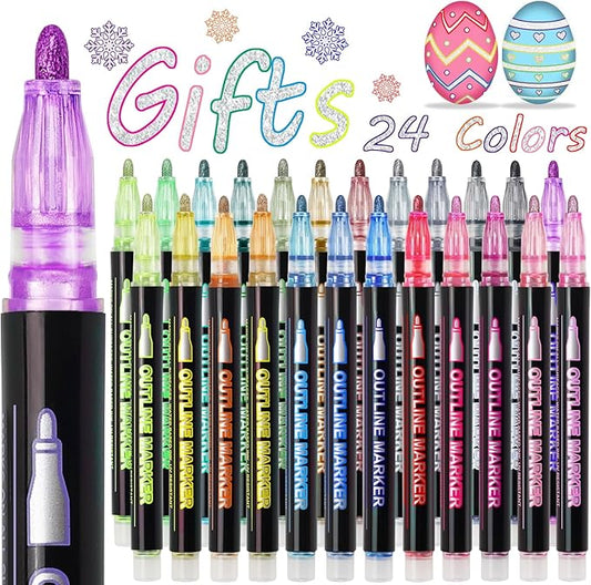 Glitter Markers Outline Pens Metallic, 24 Self Outlining Glitter Pens Adult Coloring Double Line Outline Markers,Gel Sparkle Outliner Shimmer,Teen Gifts Drawing Cool Fun Magic Stuff