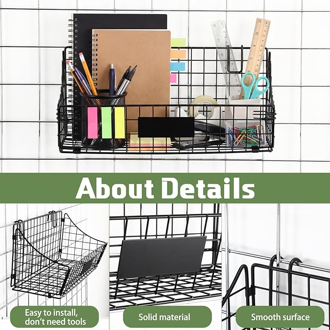 Blulu 4 Pcs Wire Wall Basket, Black Metal Grid Basket with Hooks Wall Hanging Storage Accessory for Vendor Trade Shows Kitchen Bathroom Pantry Supplies(15 x 7 x 6 Inch)