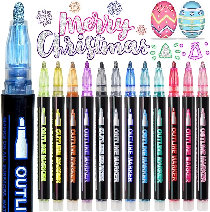 Easter Basket Stuffers Teens,12 Glitter Markers Outline Pens Metallic Shimmer,Cute Art Supplies Kids 6 7 10 9-12 Year Old Tween Teen Girl Gifts Trendy Stuff,Arts Crafts Kids Age 8-12,Crafts Girls 8-12