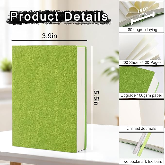 DreamDove Thick Blank Journal Notebook 400Pages Hardcover Sketch Book Notebook Blank Journal Unlined No Lines Soft Leather Cover A6 (3.9 × 5.5) Journal Leather Notepad Drawing Book Memo Writing Sketch Pad Diary Notebook (Green-400 Page)