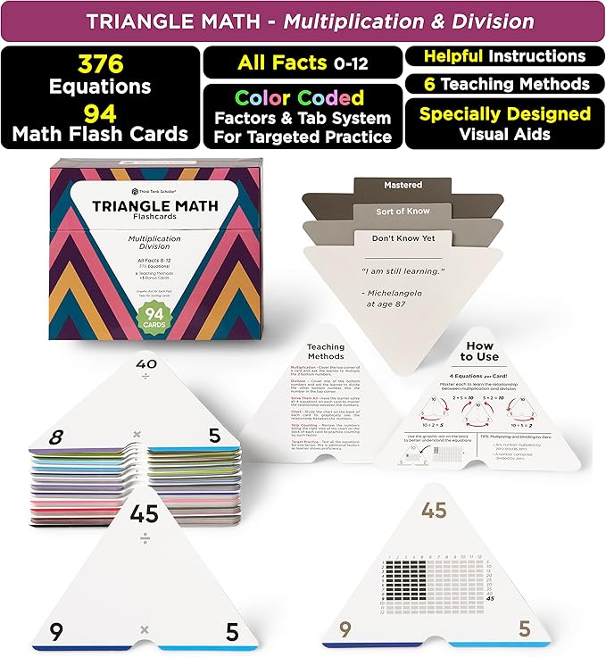 Award-Winning Math Flash Cards – 711 Multiplication & Division Facts (0–12) – Jumbo Cards (3.1” x 5.2”), Visual Aids, 2 Dice, Games, Charts & Mastery Divider Tabs – Grades 3–6 Classroom & Homeschool