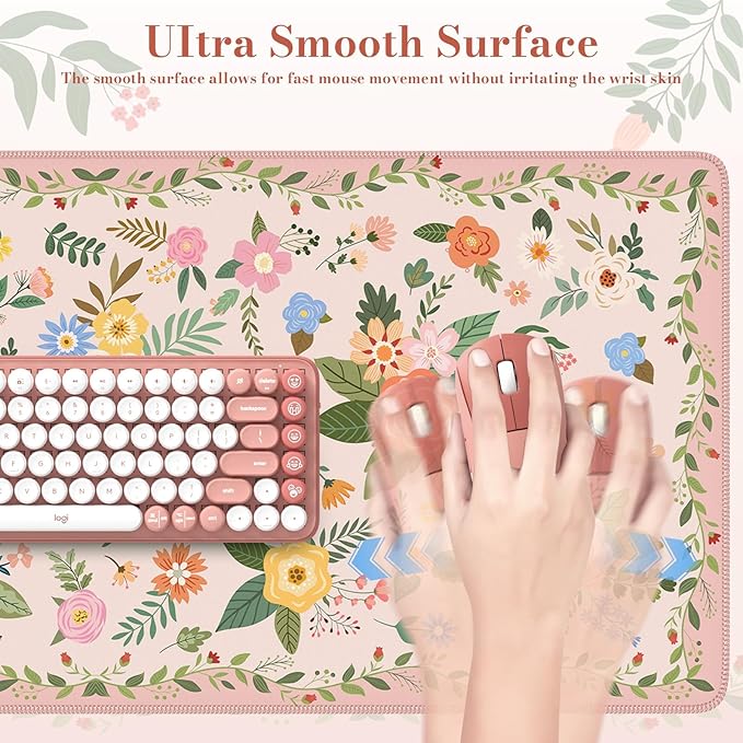iCasso Floral Desk Mat for Keyboard and Mouse,Cute Gaming Mouse Pad XXL,Anti-Slip Desk Matt for Desktop,Soft Lycra Surface Computer Mat Women,Girly Big Mousepad for Home Office (Pink Floral)