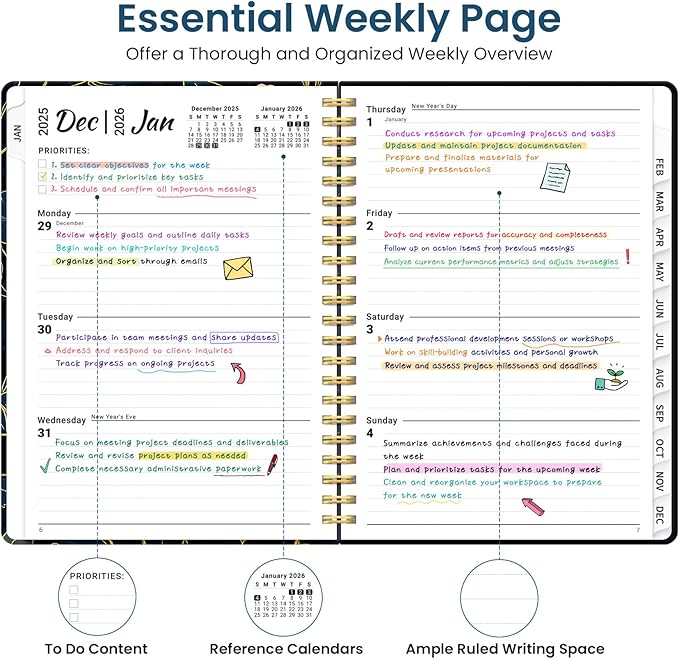 2026 Planner, Weekly and Monthly Planner for Women, January 2026 to December 2026, Pretty Hardcover 2026 Calendar Planner Book with Tabs, Inner Pocket, Spiral Bound, Perfect Office Home School Supplies - 6.3" x 8.5", Luxe Peony
