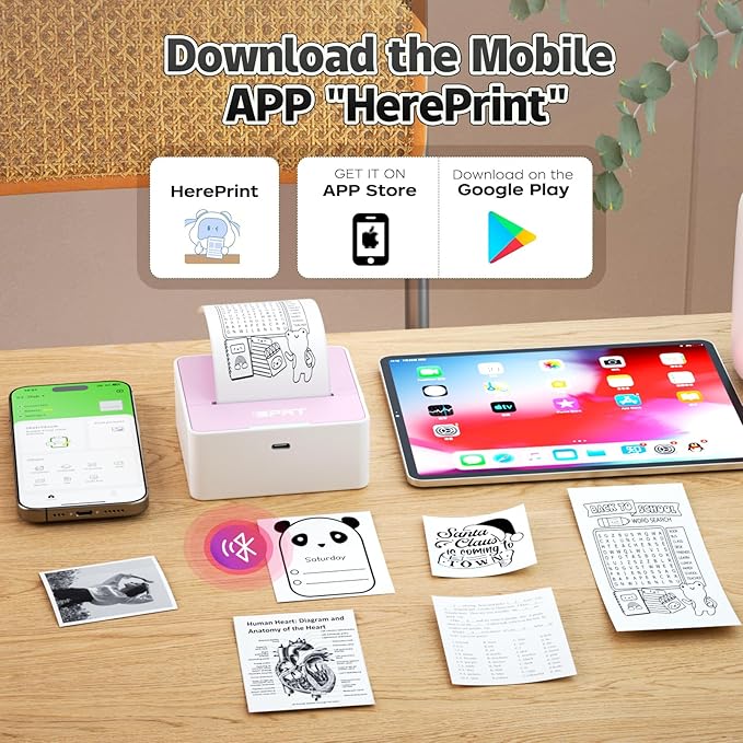 iDPRT Sticker Printer - Mini Portable Printer Bluetooth Thermal Label Printer with 1 Roll Sticker Paper, Inkless Sticker Maker Machine Pocket Instant Print for Study Notes, Pictures, DIY, Pink