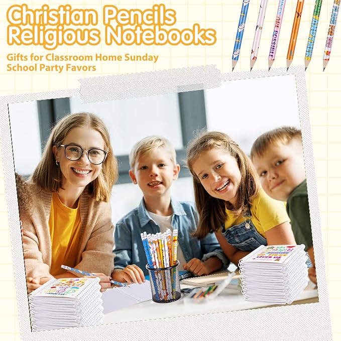 Crtiin Easter 48 Pcs Include 24 Bible Verse Notepad 24 Pencils Kids Christian Church Gifts Students Classroom Award Religious Notebook Bible Pencils Prayer Pocket School (White Jesus,White)