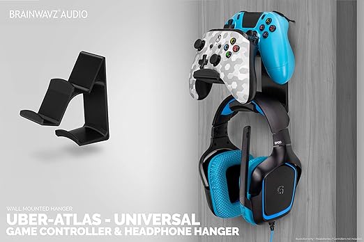 The UberAtlas Dual Game Controller & Headphone Stand Wall Mount Holder for Xbox ONE, Series X, PS5, PS4, PS3, Switch, STEELSERIES Gamepad & More, Stay Organized No Screws, by Brainwavz
