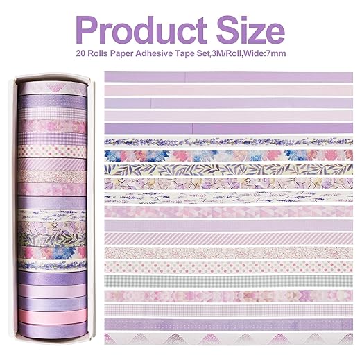 20 Rolls Scrapbook Tape 7 mm Cute Decorative Tape Set Floral Tape Pack Purple Aesthetic Colored Tape Rolls Stickers for Crafts DIY Scrapbook Bible Study Journaling Planner Supplies