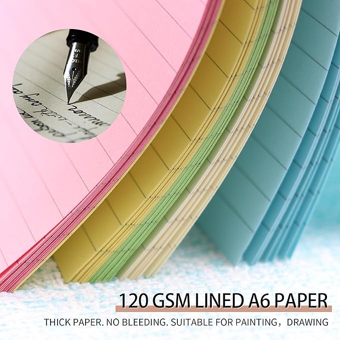 Lined Refill Paper, Colorful Ruled Journal Fillers for A6 Size 6-Ring Binder, A6 Planner Inserts,5-color 120 GSM Thick Loose Leaf Paper,50 Sheets/100 Pages