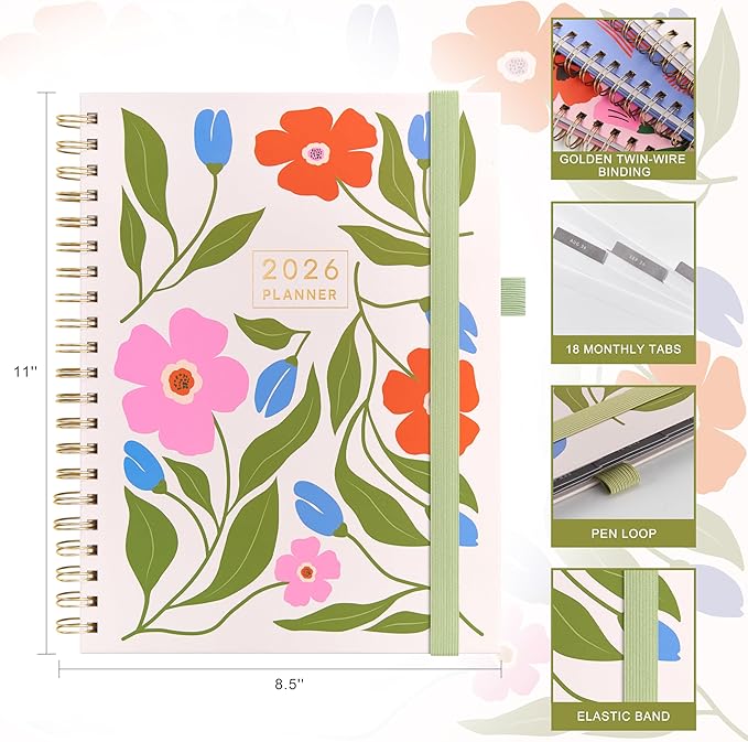 And Per Se 2026 Planner with Pattern, A4 Size-Daily, Weekly & 18-Monthly Planner, Daily Schedule, Monthly Tabs, 100 GSM Thick Paper(Botanical Floral)