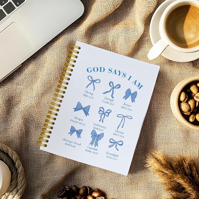 Bible Journal for Women, Christian Prayer Journal Blue Notebook Gifts For Teen Girls Kids, Bible Study Supplies, Coquette Preppy Blue Bows Cute Church Faith Journaling Hardcover Spiral Notebook 5.5 X 8.3