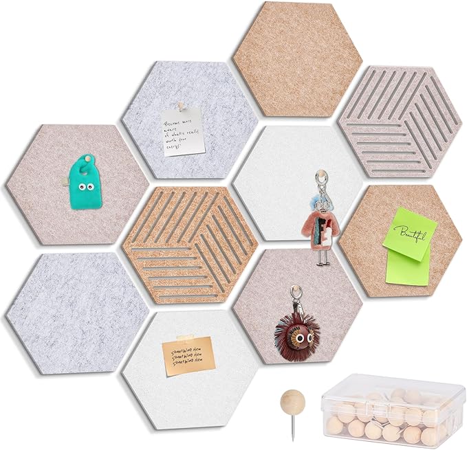 Hexagon Cork Board Tiles 10 Pack 12'' x 10'' Cork Bulletin Boards Tiles for Walls, Hexagon Small Cork Boards with 50 Wooden Push Pins, for Office Home Photos DIY Classroom Decor