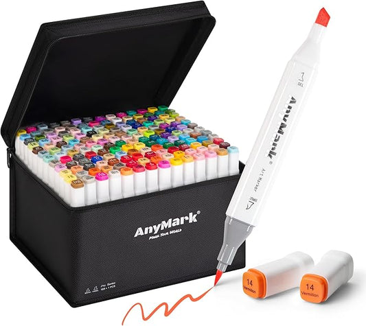 AnyMark Alcohol Markers Brush Tip, 168+1 Colors Dual Tip Brush & Chisel Alcohol-Based Art Markers Set with Case for Kids Adult Artists Drawing Coloring