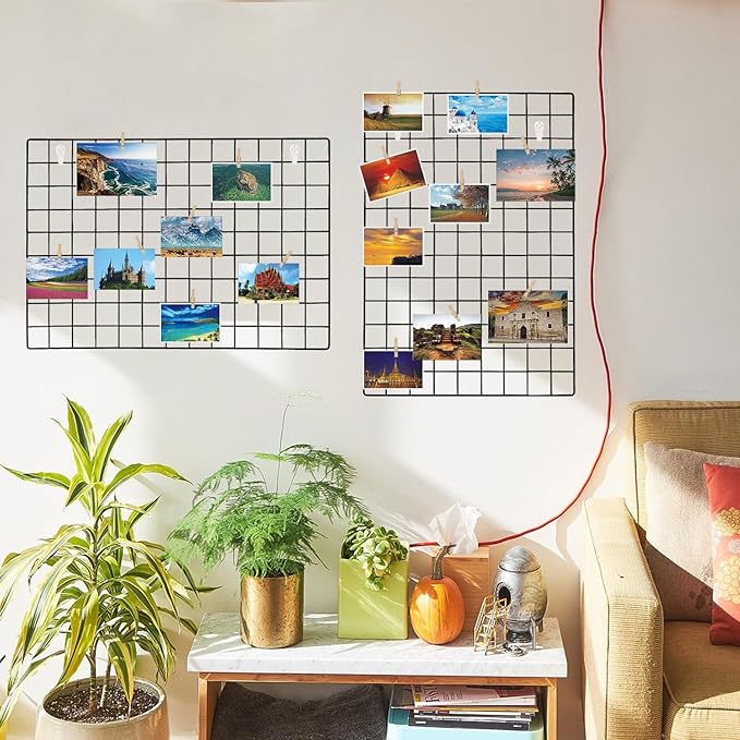 GBYAN 2 Pack Large Wall Grid Panels with Light and Clips, Photo Display Board, Picture Frame Collage Board, Wire Grid Wall Panel Room Decoration,Black