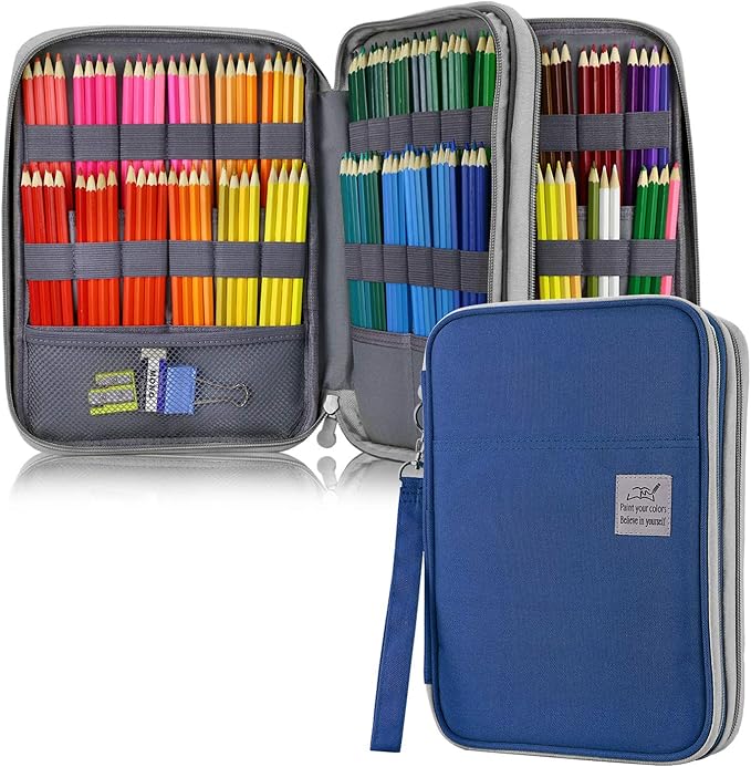 YOUSHARES 192 Slots Colored Pencil Case, Large Capacity Pencil Holder Pen Organizer Bag with Zipper for Prismacolor Watercolor Coloring Pencils, Gel Pens & Markers Artist (Blue)