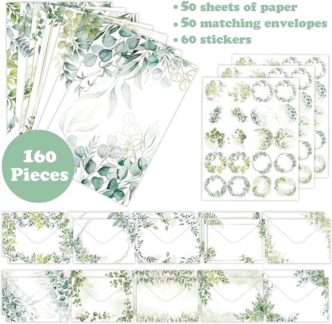 160 Packs Stationery Paper Set (50 Single-Sided Stationery Writing Papers 50 Matching Envelopes) 60 Round Dot Sticker, 10 Design Green Letter Paper Vintage Stationary Stes,5.5 x 8.25 Inch.