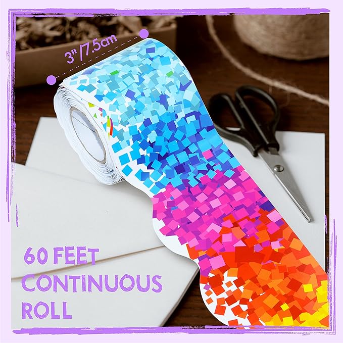 60 Feet Bulletin Board Borders, Self Adhesive Confetti Scalloped Rolled Border Trim Colorful Decoration with Strong & Permanent Adhesive for School, Classroom Offices Wall, Desks, Windows, Doors