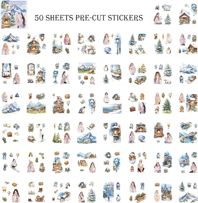 50 Sheets Winter Stickers for Scrapbooking 200 Pre-Cut Washi Stickers Winter Scrapbook Scrapbooking Supplies Collage Decorative DIY Arts Craft Making