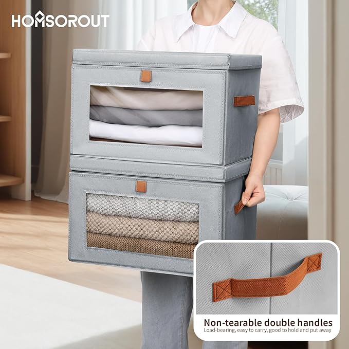 Large Closet Storage Bins - Collapsible Storage Bins with Handles & Window, Fabric Cube Organizer with Lids, Decorative Boxes for Living Room, Closet, Dorm, 8 Pack, Grey