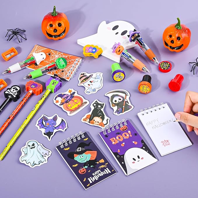 LiYiQ 247 Pcs Halloween Party Favors Return Gifts for Party, Student Stationery Gifts from Teacher, Pencil Erasers Notebooks Stickers for Classroom Birthday Goodie Bags Rewards Prizes