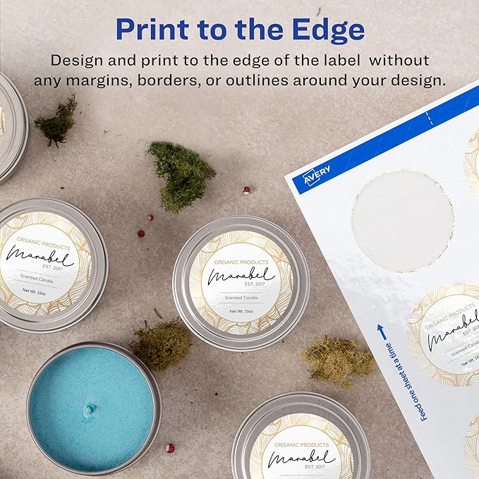 Avery Printable Round Labels with Sure Feed, 2.5" Diameter, Glossy White, 90 Customizable Labels (22830)