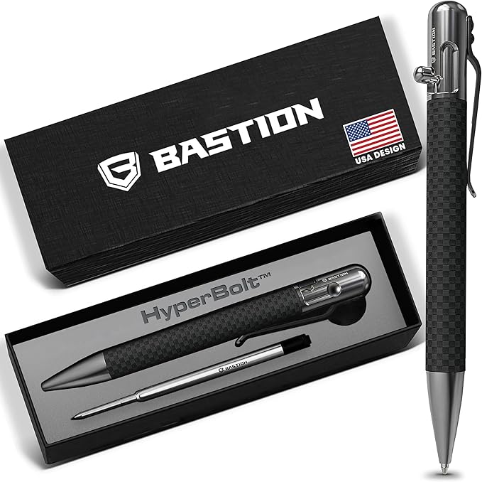 BASTION Luxury Executive Bolt-Action Ballpoint Pen for Men & Women | Ink Refillable Retractable Office Business Writing Pen | Glass Breaker Metal Self-Defense EDC (Carbon Fiber/Stainless Steel)
