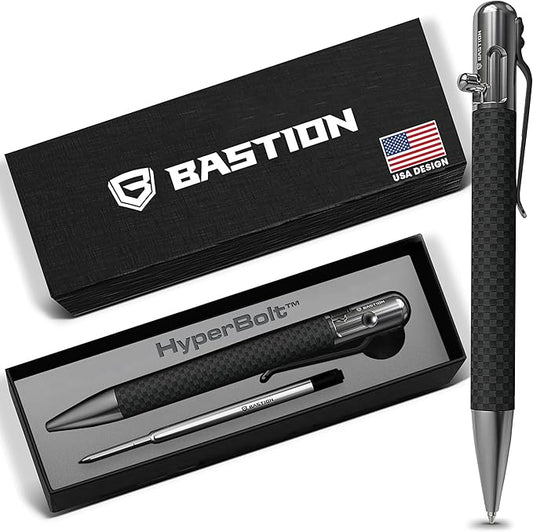 BASTION Luxury Executive Bolt-Action Ballpoint Pen for Men & Women | Ink Refillable Retractable Office Business Writing Pen | Glass Breaker Metal Self-Defense EDC (Carbon Fiber/Stainless Steel)