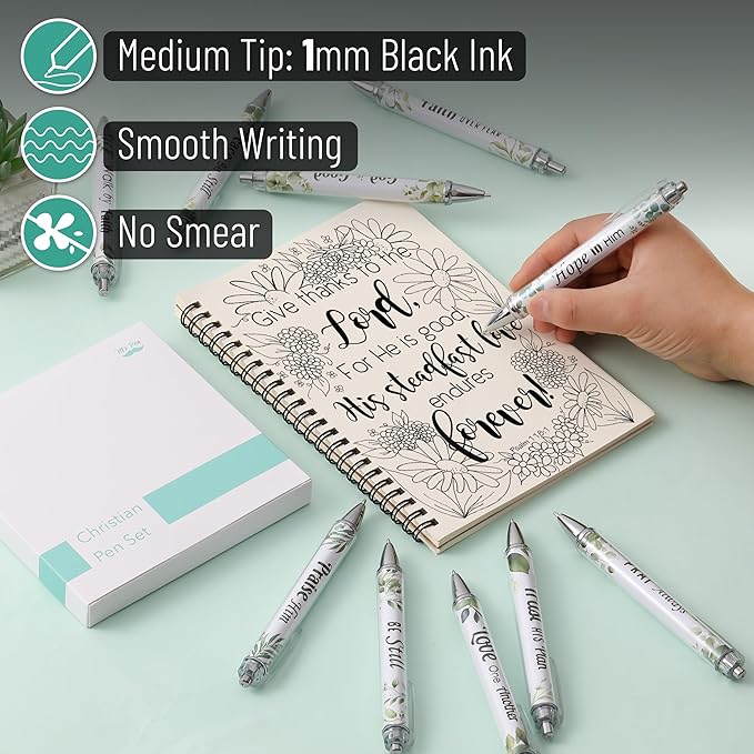 Mr. Pen Christian Pen Set, 10 Pack, Green Elegance, Black Ink, Bible Verse Pens, No Bleed Through, Ballpoint Pens