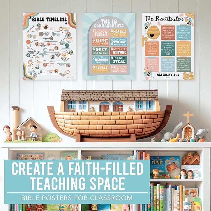 Hadley Designs Sunday School Decorations for Classroom – 9 Bible Posters for Kids, 11x14in Books of the Bible Poster, 10 Commandments, Fruits of the Spirit & More – Retro Christian Classroom Decor
