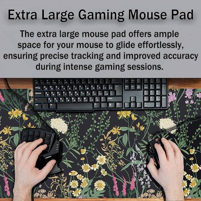 Pc Mouse Pad Black Computer Desk Pad, Large Desk Pads Gaming Desk Mat, Large Mouse Pads Non-Slip Rubber Base Waterproof with Stitched Edges, 35.4" X 15.7" for Work/Game/Office Colorful Flower