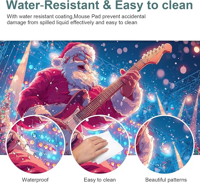 Santa Claus Guitar Extended Gaming Mouse Pad 35.4 x 15.7 Inch – Festive Desk Mat for Gaming, Holiday Work, and Home Office, with Non-Slip Rubber Base and Stitched Edges
