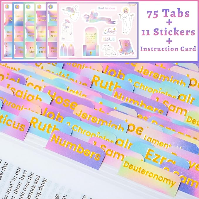 Bible Tabs with Unique Stickers, Gold Foil Laminated Bible Tabs, Bible Tabs for Women, Christian Gifts, Large Print Bible Tabs, Bible Book Index Tabs Labels, Bible Study Supplies (Rainbow)