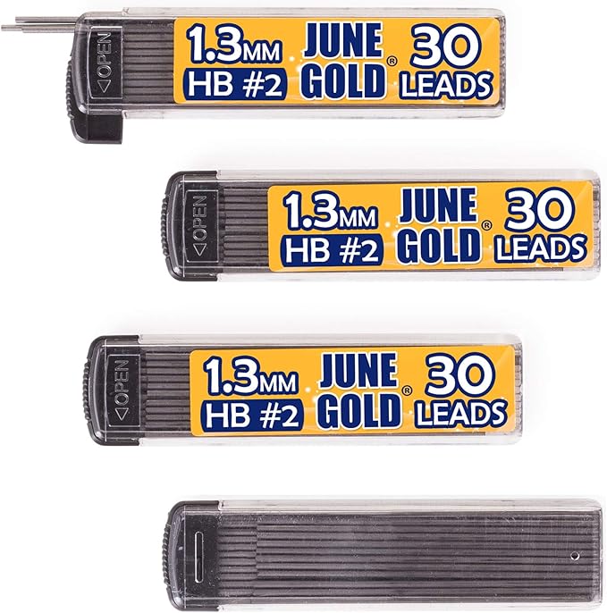 June Gold 120 Pieces, 1.3 mm HB #2 Lead Refills, 30 Pieces Per Dispenser, Medium Bold Thickness, Break Resistant Lead/Graphite (Pack of 4 Dispensers)