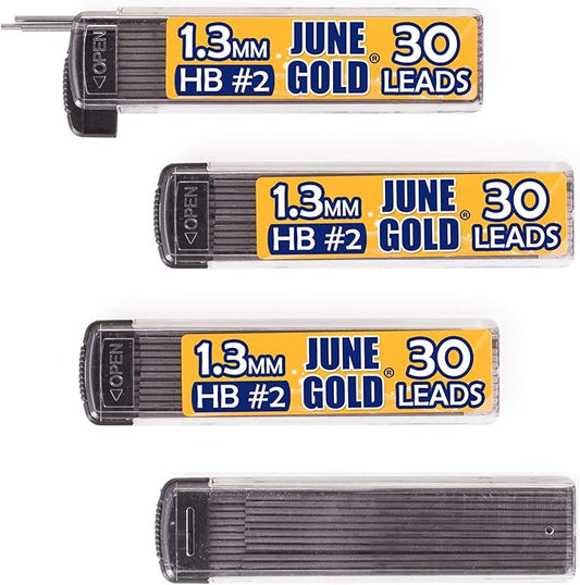 June Gold 120 Pieces, 1.3 mm HB #2 Lead Refills, 30 Pieces Per Dispenser, Medium Bold Thickness, Break Resistant Lead/Graphite (Pack of 4 Dispensers)