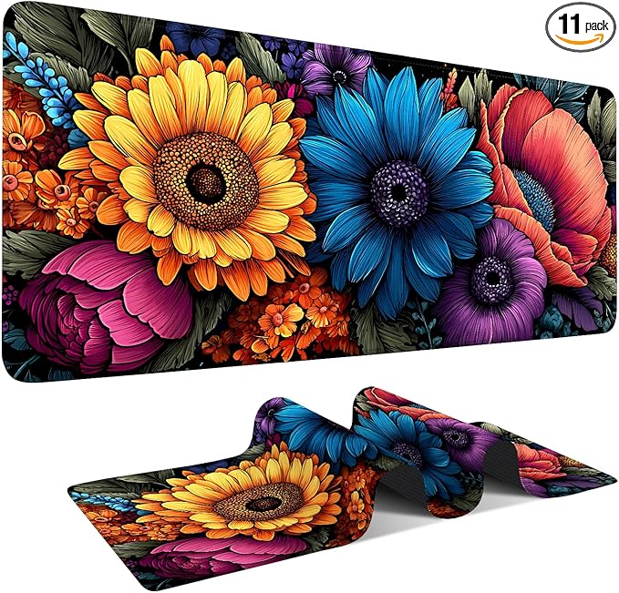 Flowers Extended Gaming Mouse Pad 35.4x15.7Inch Large Desk Mat Anti-Slip Rubber Base & Durable Stitched Edges for Gamers Smooth Mouse Writing Surface for Desk Office/Home