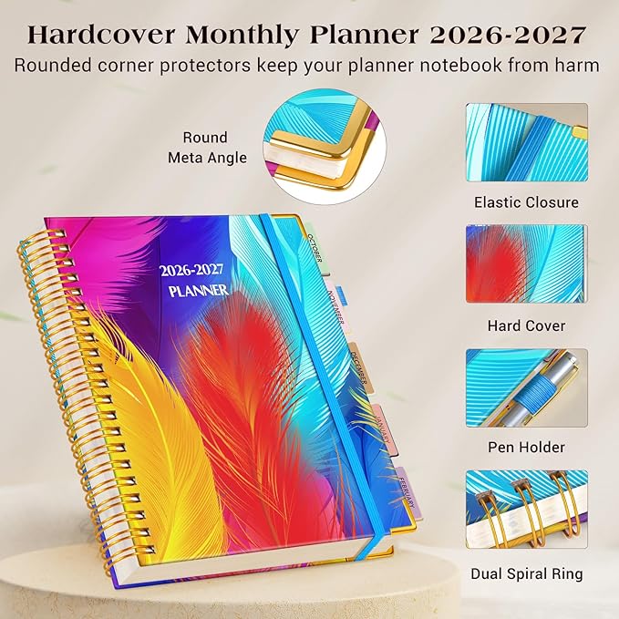 Planner 2026-2027, 18 Months Weekly and Monthly Daily Planner from January 2026 - June 2027, 8.5" x 11" A4 Large Hardcover Agenda Organizer Book 2026 with Tabs, Spiral Yearly Calendar Planners for School Work Home, Colorful Feather