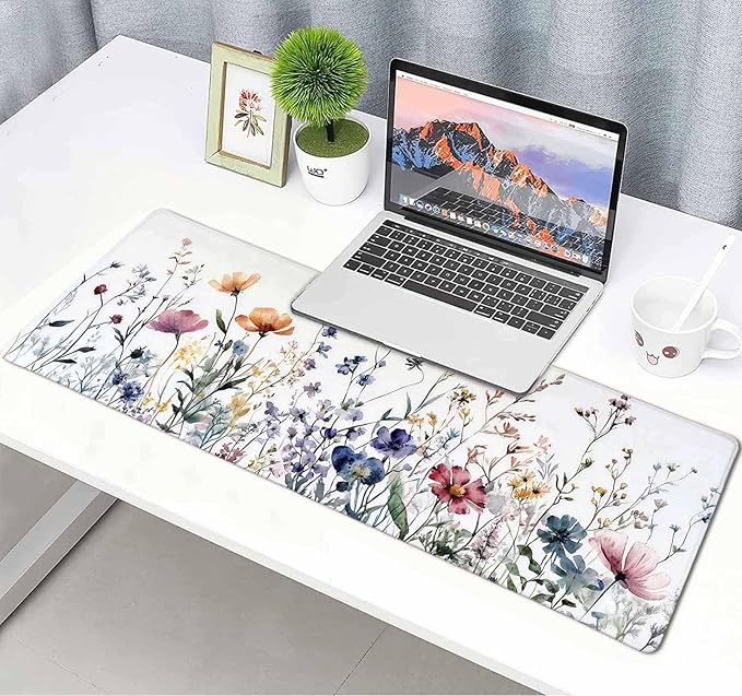 Wildflowers Flower Floral Large Mouse Pad, Desk Mat Computer Keyboard Pad Non-Slip Rubber Base Waterproof with Stitched Edges for Laptop Gaming, Office & Home 31.5 x 11.8 Inch