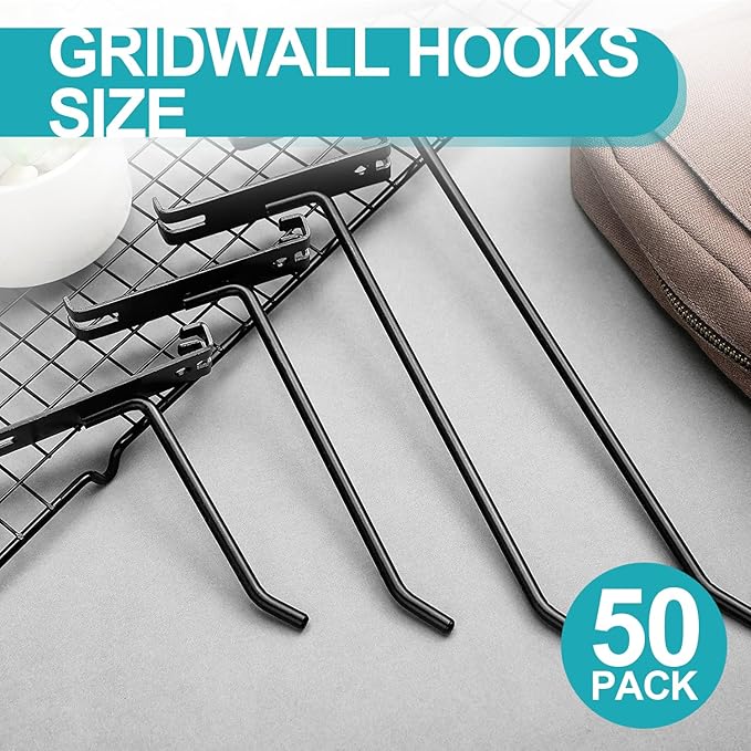 HJW Gridwall Hooks 6 Inch, 50Pcs Display Hooks for Grid Wall Panel, Sturdy Gridwall Hooks & Hangers for Retail Shop Home Office Garage Storage, Black