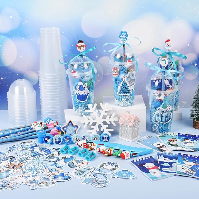 LiYiQ 247 Pcs Winter Party Favors Return Gifts for Party, Student Stationery Gifts from Teacher, Pencil Erasers Notebooks Stickers for Classroom Birthday Goodie Bags Rewards Prizes