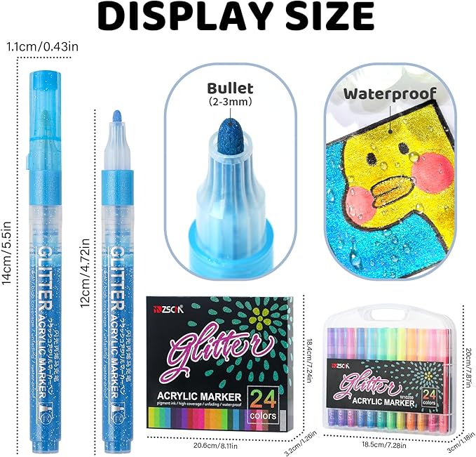 ZSCM Large Acrylic Glitter Markers Pen, 24 Colors Stocking Stuffers Gifts, Metallic Shimmer Markers for Doodle Writing, Glitter Art Crafts Gifts Trendy Stuff Christmas Stocking Stuffers