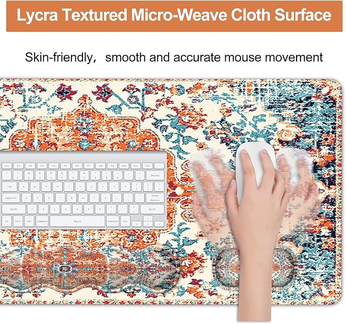 iLeadon Keyboard Mouse Pad Set, Large Gaming Mouse Pad + Wrist Rest + Mouse Pad with Wrist Support + Coaster, Easy Typing Pain Relief, 35.4x15.7in Desk Mat for Home Office, Boho