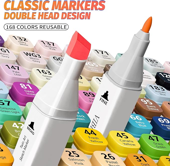 VIBEX 168 Colors Alcohol Markers with Base Dual Tip Drawing Markers for Adult and Kids Comics Coloring Sketching Illustration - Refillable (168 White)