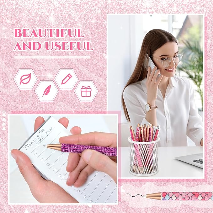Sherr 7 Pcs Fancy Pens for Women Cute Sparkly Glitter Pens with 10 Pcs Black Ink Refills Pretty Gifts for Girls Office School Christmas Graduation(Lovely)