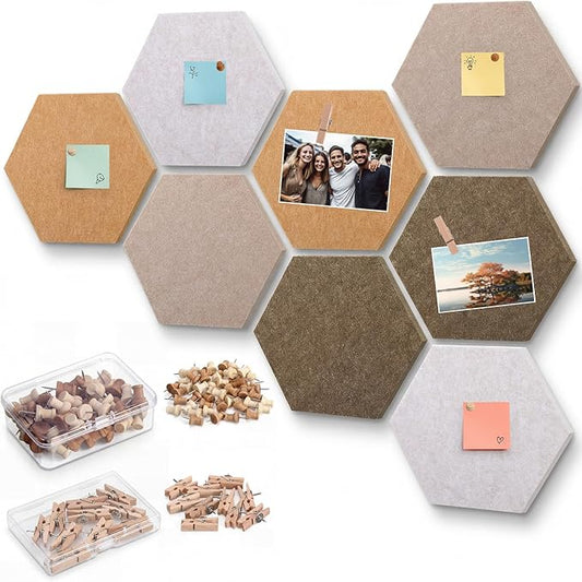 8 Pcs 12" Large Hexagon Felt Cork Board Tiles Self Adhesive DIY Bulletin Board Pin for Office Home Wall Decor Stickers Memos Photos Display with 10 Multi-Color Clip Drawing Pins (Burlywood)